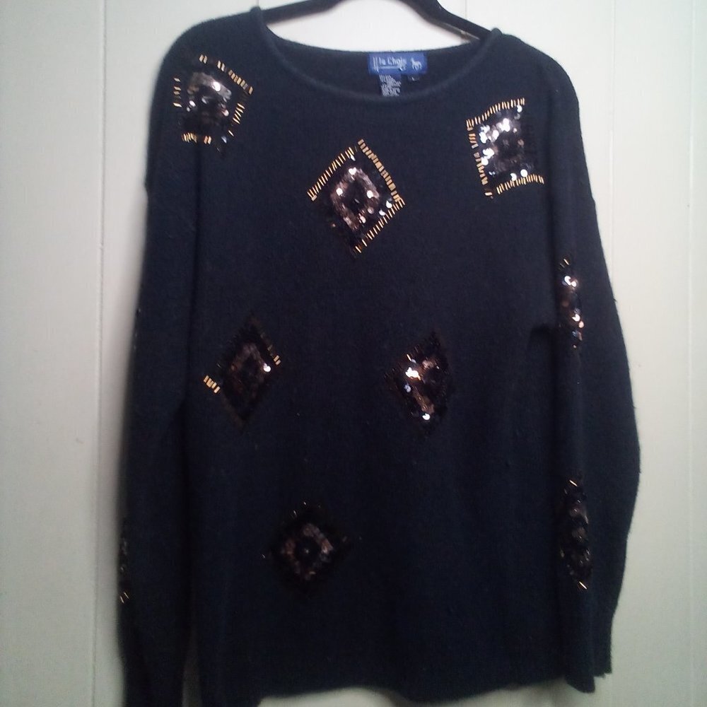 Le Chois Sweater L Long Sleeve Pullover Sequins Black Silk Blend